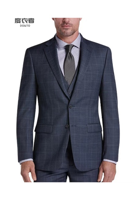 中灰色格纹平驳领纯羊毛商务西服套装三件套