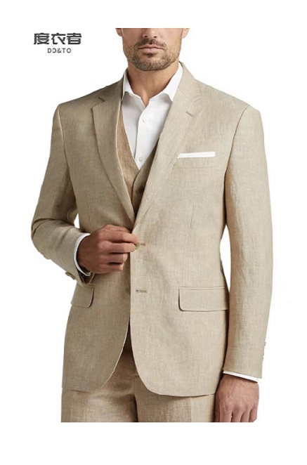 浅黄褐色平驳领纯亚麻清爽西服套装三件套