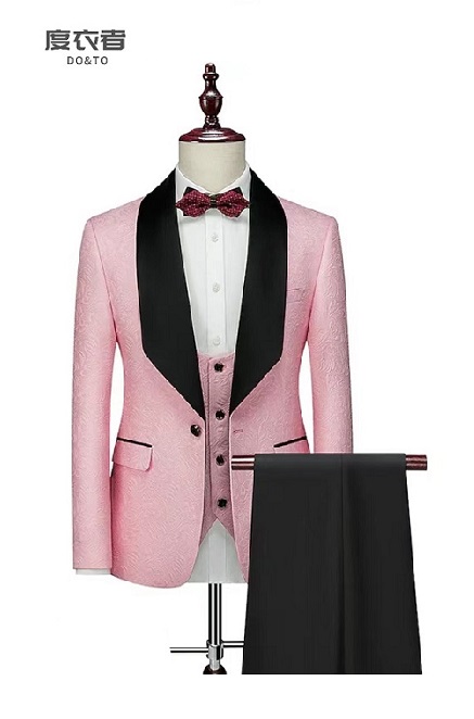 粉色提花青果领新郎礼服
