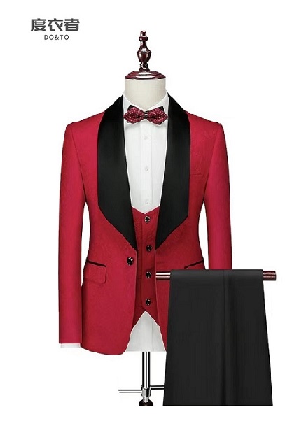 红色提花青果领新郎礼服