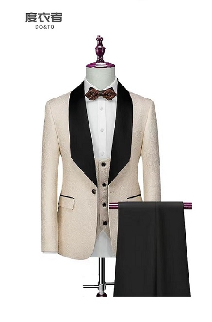 米白色提花青果领新郎礼服