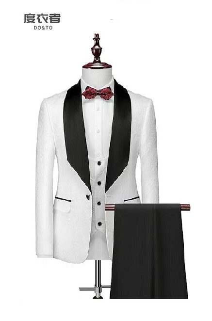 白色提花青果领新郎礼服