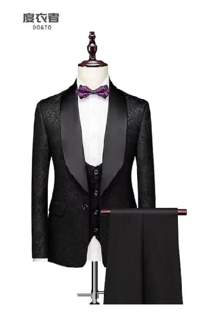 黑色提花青果领新郎礼服 